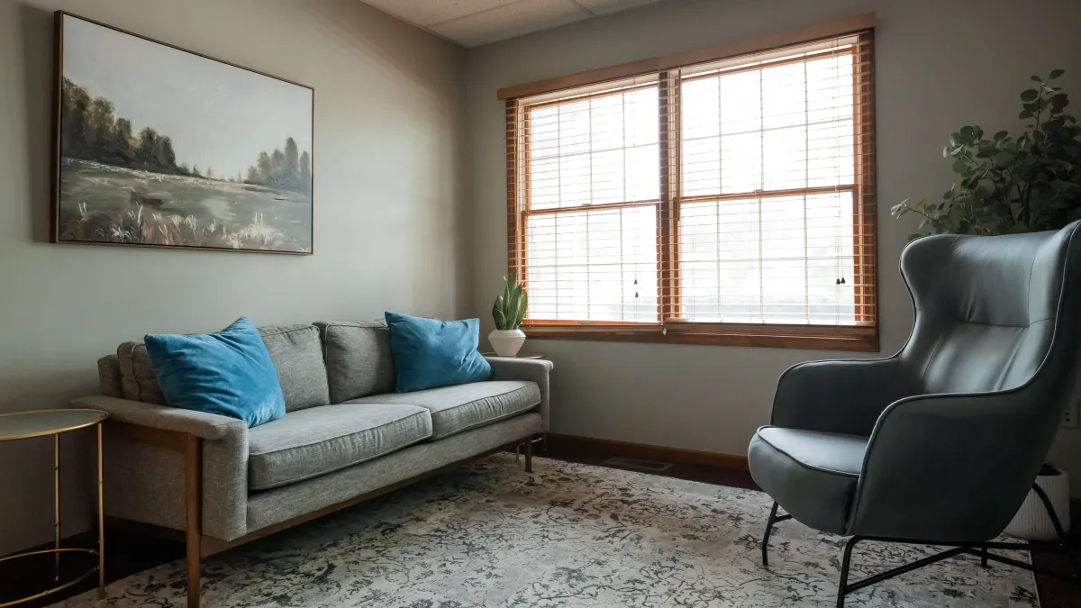 Comfortable couch and chair lit by large window