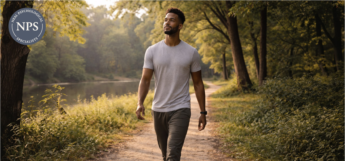 Man walking on narrow path in between trees 