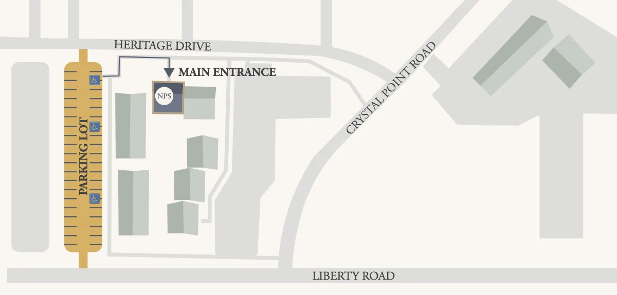 Graphic map detailing parking and entrance 